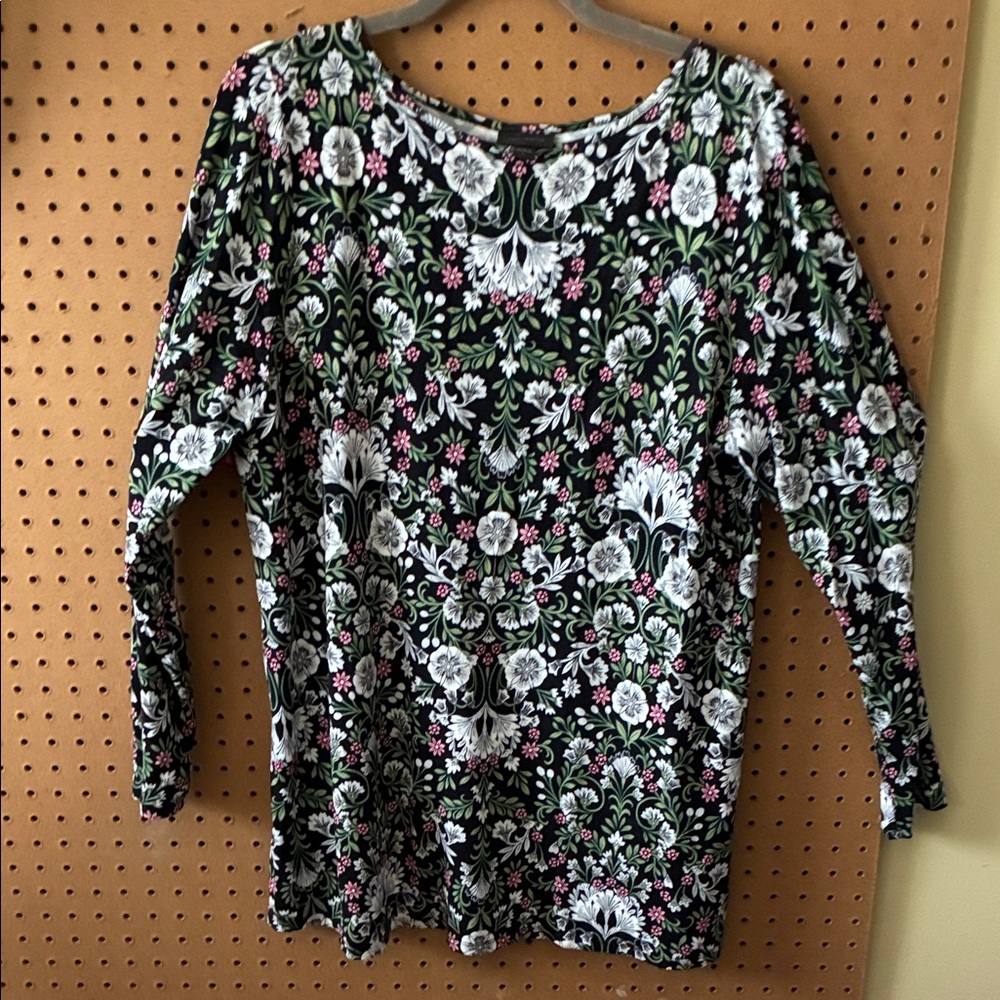 J. Jill Black Floral Long Sleeve Tee with White and Pink Accents
